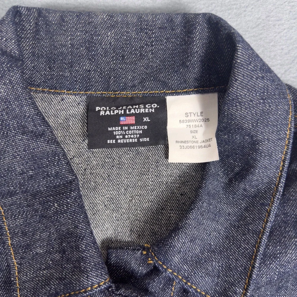 Y2K Polo Jeans Co‎ Ralph Lauren Rhinestone Flag Denim Vest Dark Wash XL